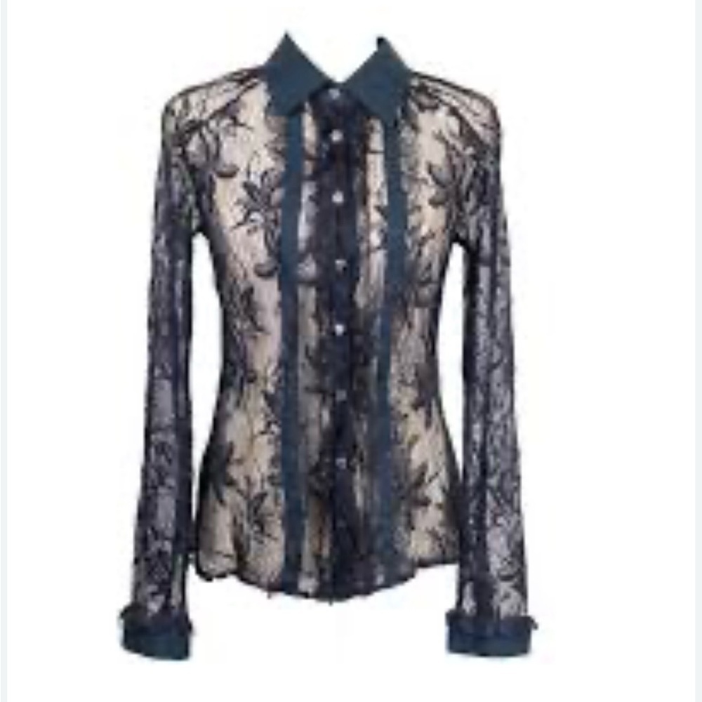 Mod cloth-Grey lace sheer Victorian Gothic blouse-grey pearl buttons EUC Sz S 🩶‌